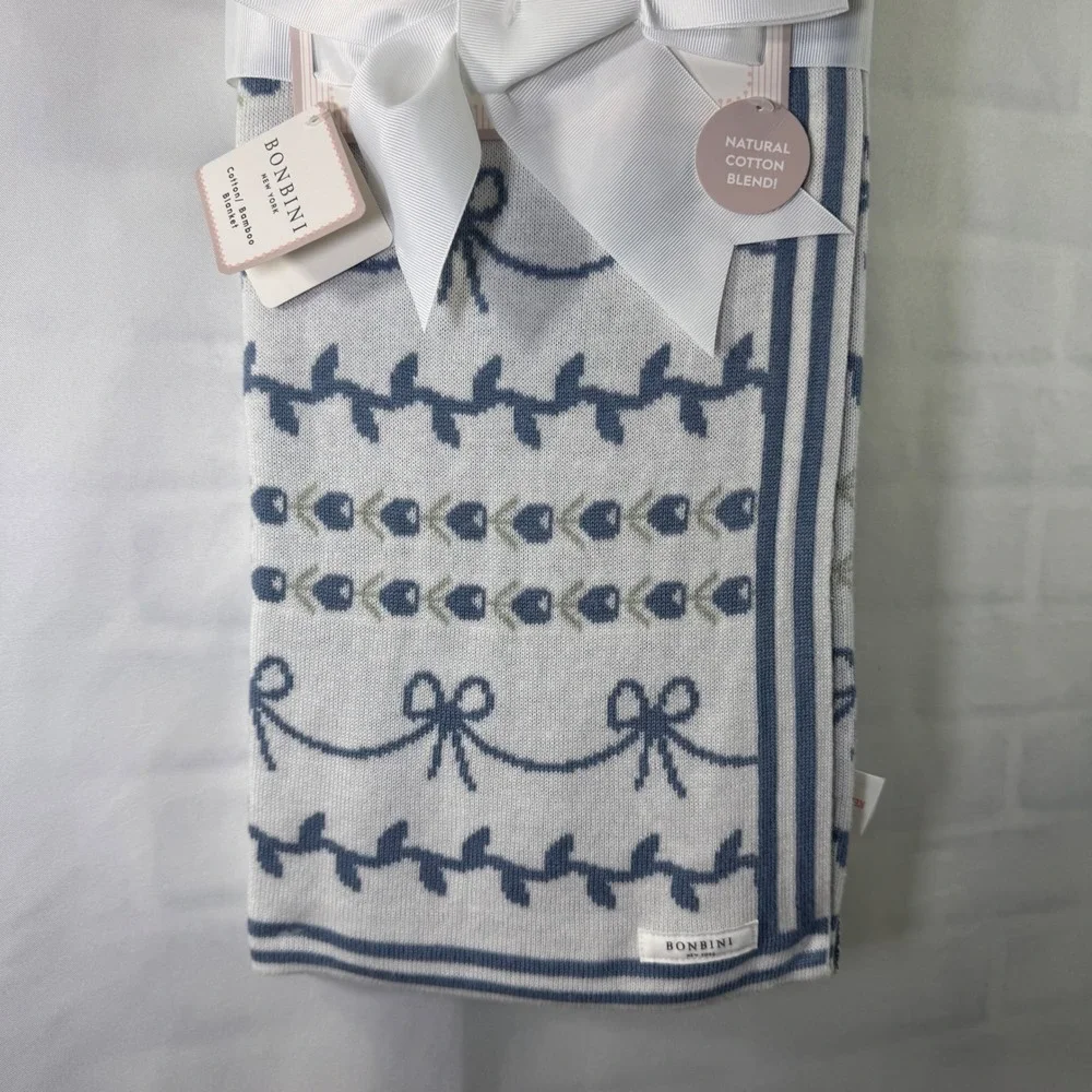 BONBINI New York Cotton Bamboo Baby Blanket‎ Blue Floral Bow Knit 0-6 Months